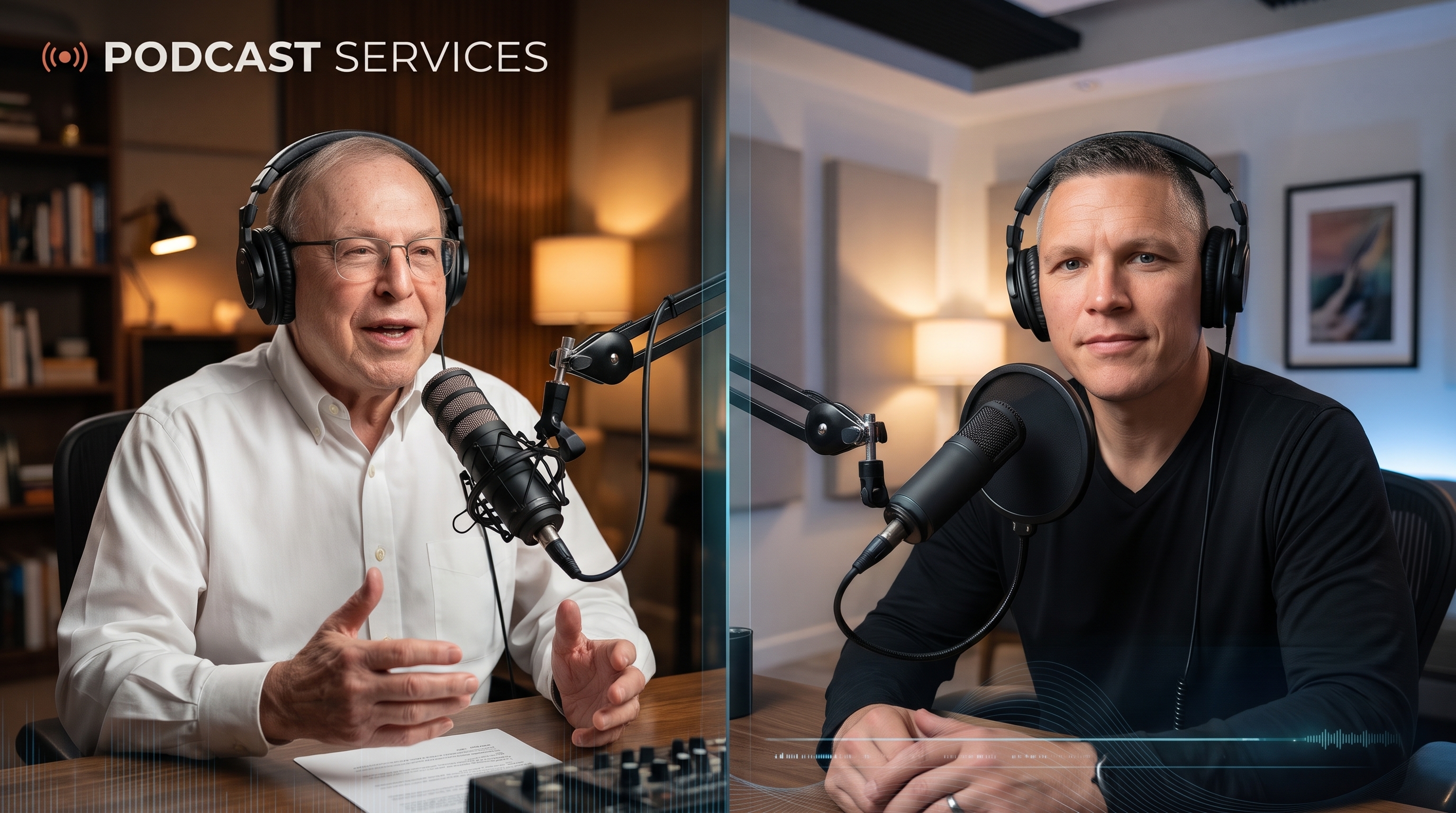 Naples podcast production — two hosts recording at microphones with headphones