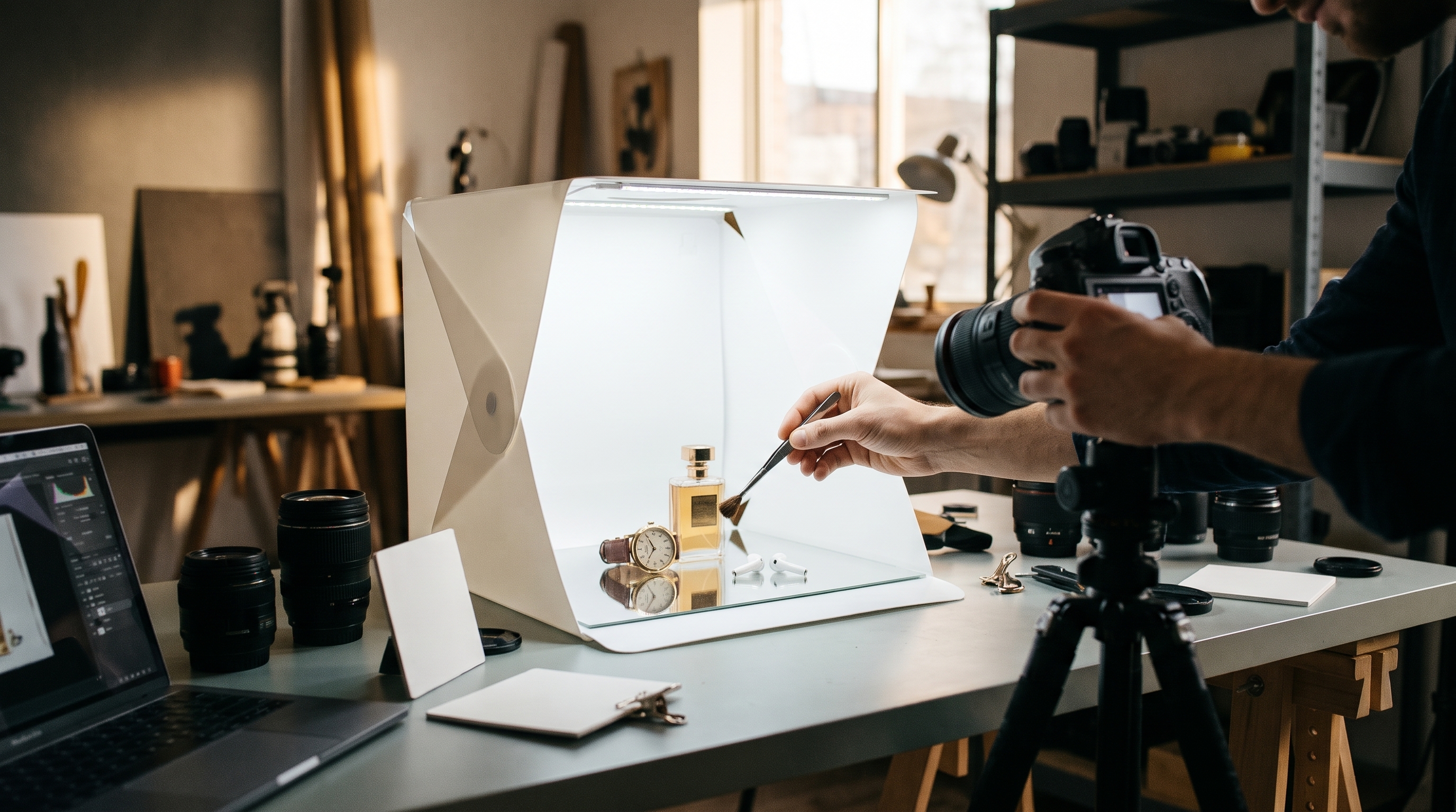 Naples product photography — studio setup with lightbox, camera and products